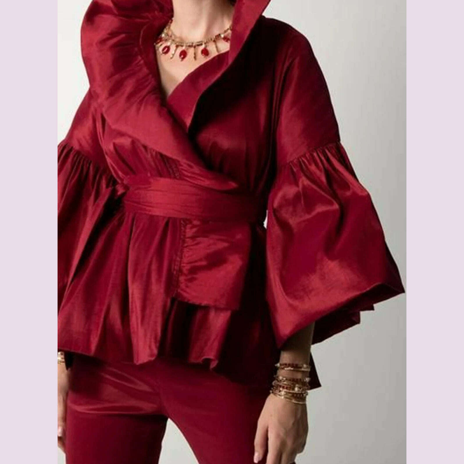 KIMLUD, Women Vintage Court Style Blouse Satin Petal Sleeve Stand Collar Bud Shape American Retro Shirt Blouse Autumn Tops, KIMLUD Womens Clothes