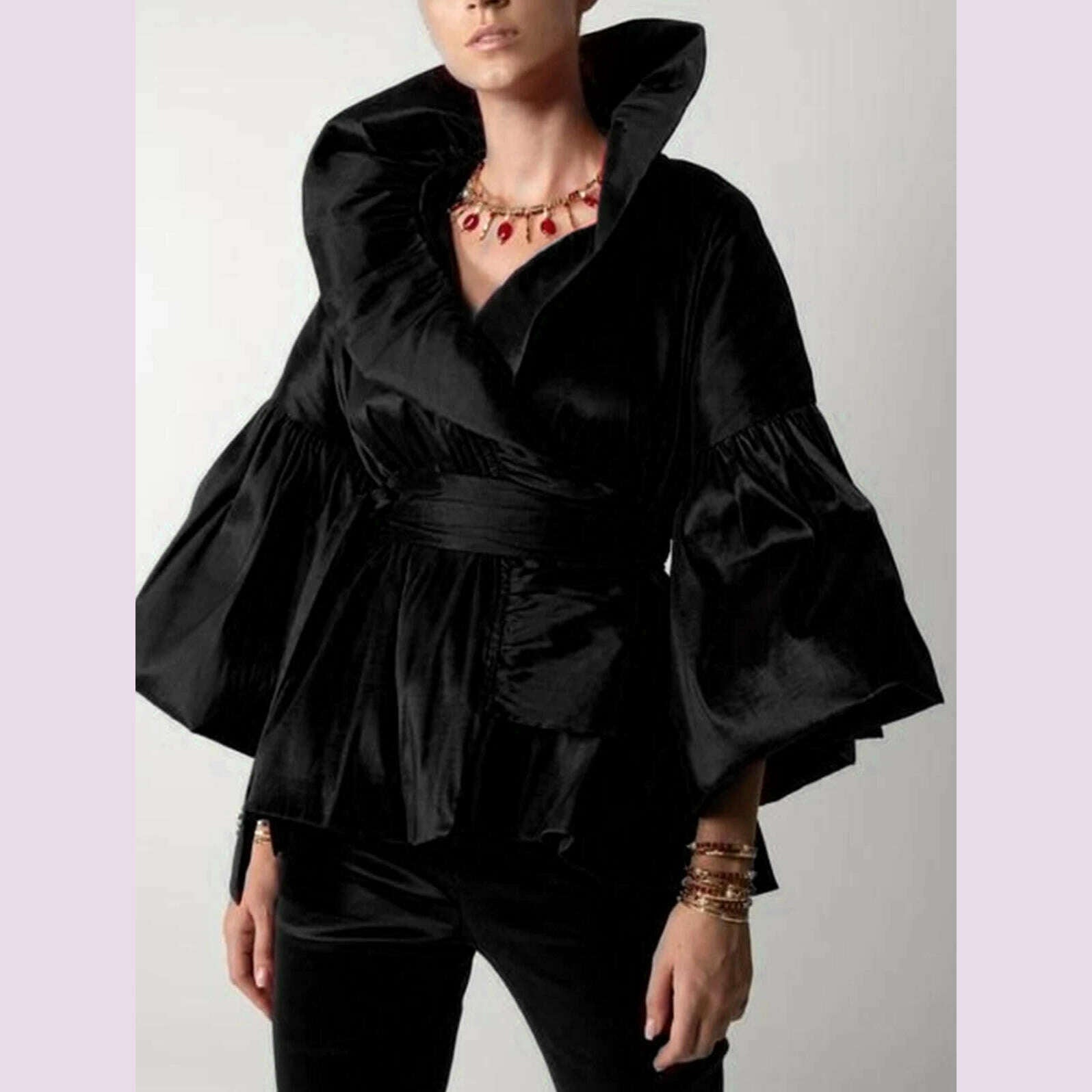KIMLUD, Women Vintage Court Style Blouse Satin Petal Sleeve Stand Collar Bud Shape American Retro Shirt Blouse Autumn Tops, black / XXL / CHINA, KIMLUD APPAREL - Womens Clothes