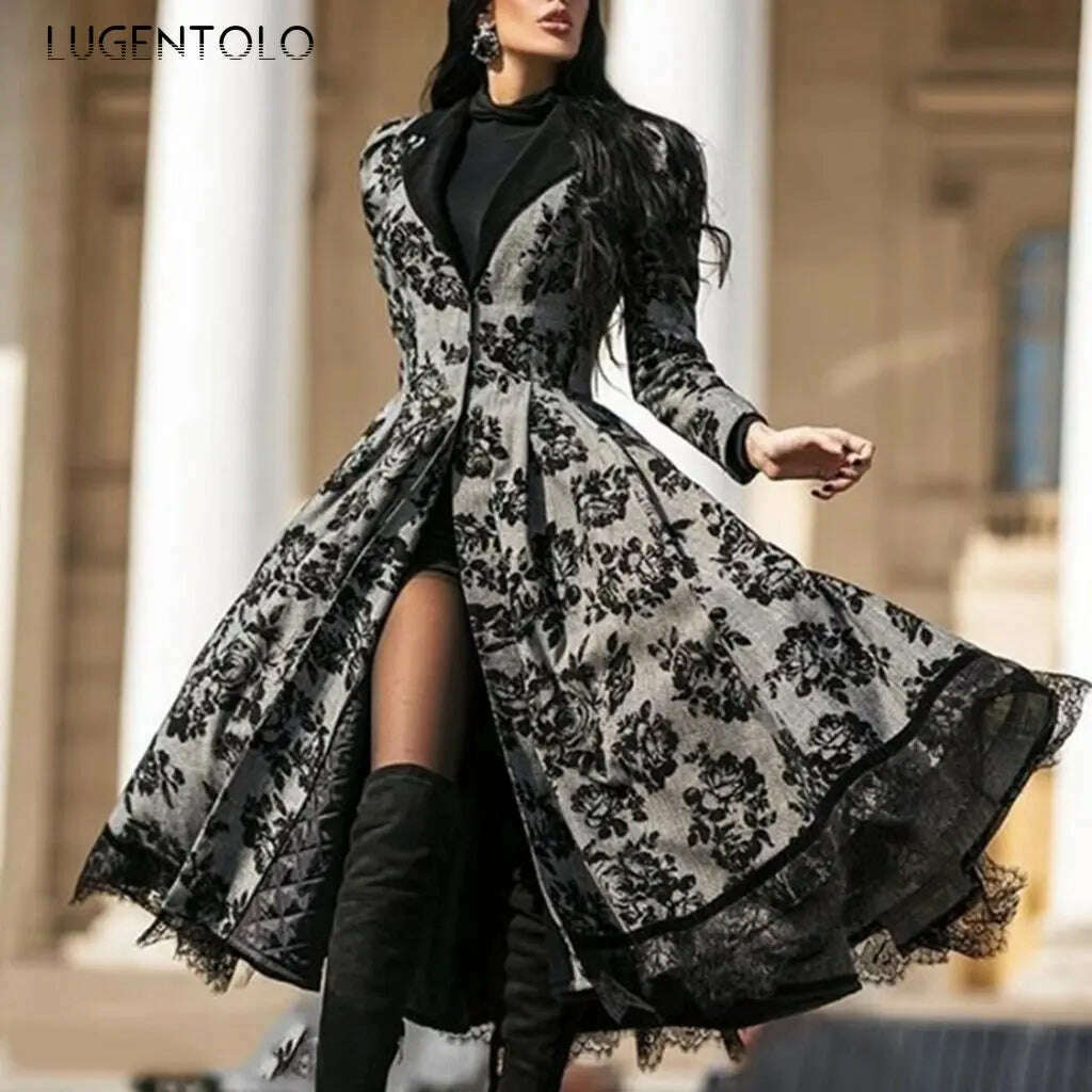Women Vintage Party Trench Long Sleeve Autumn Splicing Lace Button Coat Female Casual Big Swing Fashion Long Jackets - KIMLUD