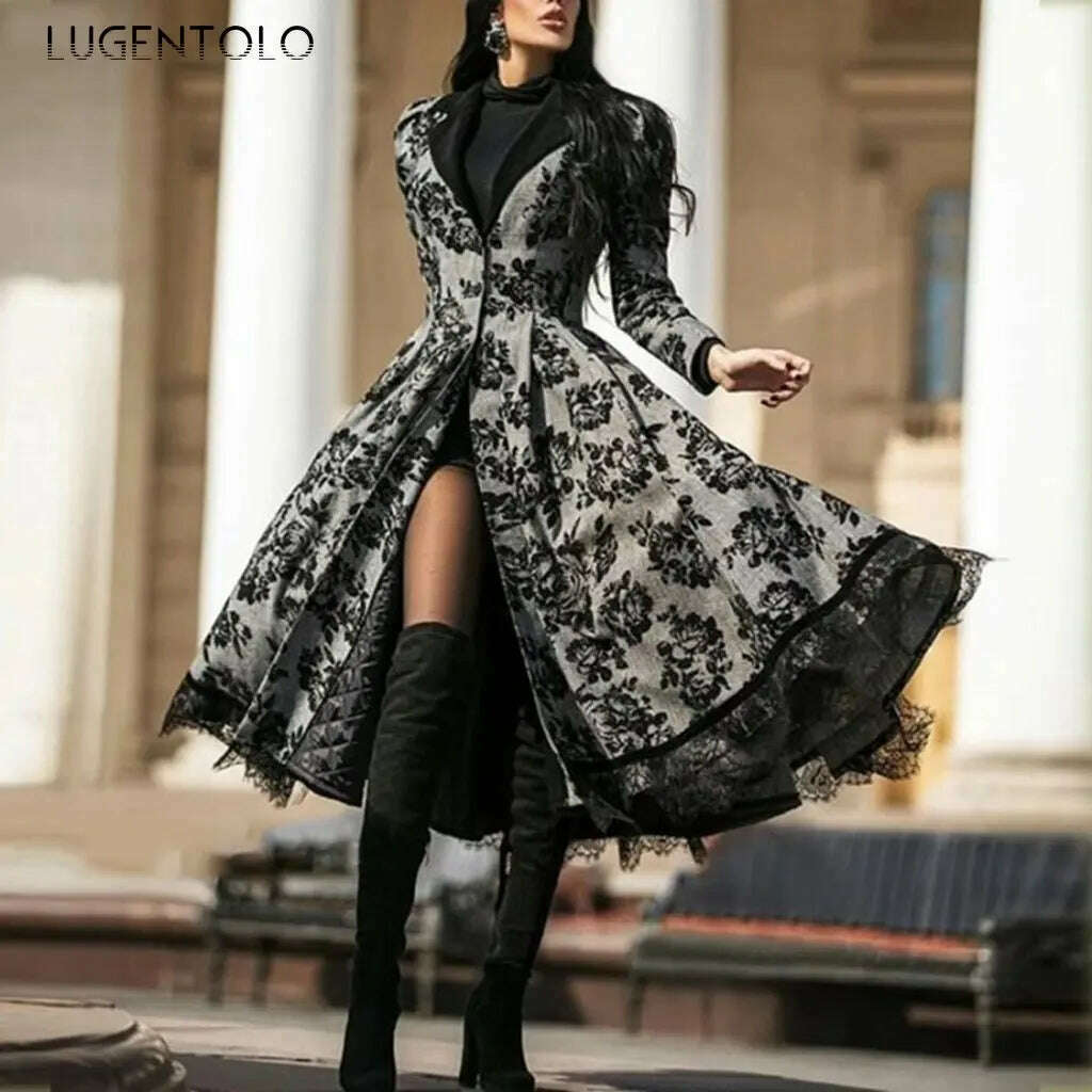 Women Vintage Party Trench Long Sleeve Autumn Splicing Lace Button Coat Female Casual Big Swing Fashion Long Jackets - KIMLUD