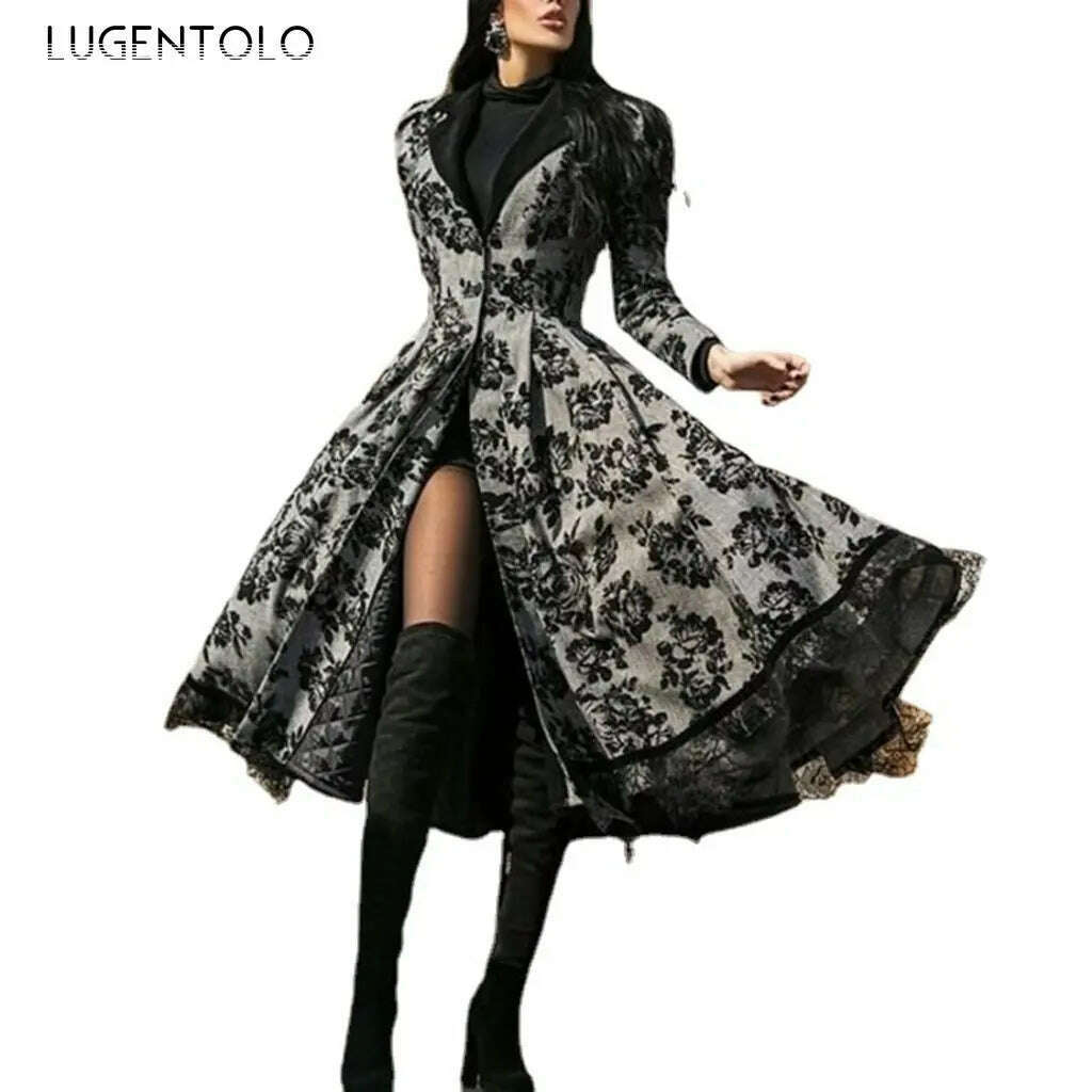 Women Vintage Party Trench Long Sleeve Autumn Splicing Lace Button Coat Female Casual Big Swing Fashion Long Jackets - KIMLUD