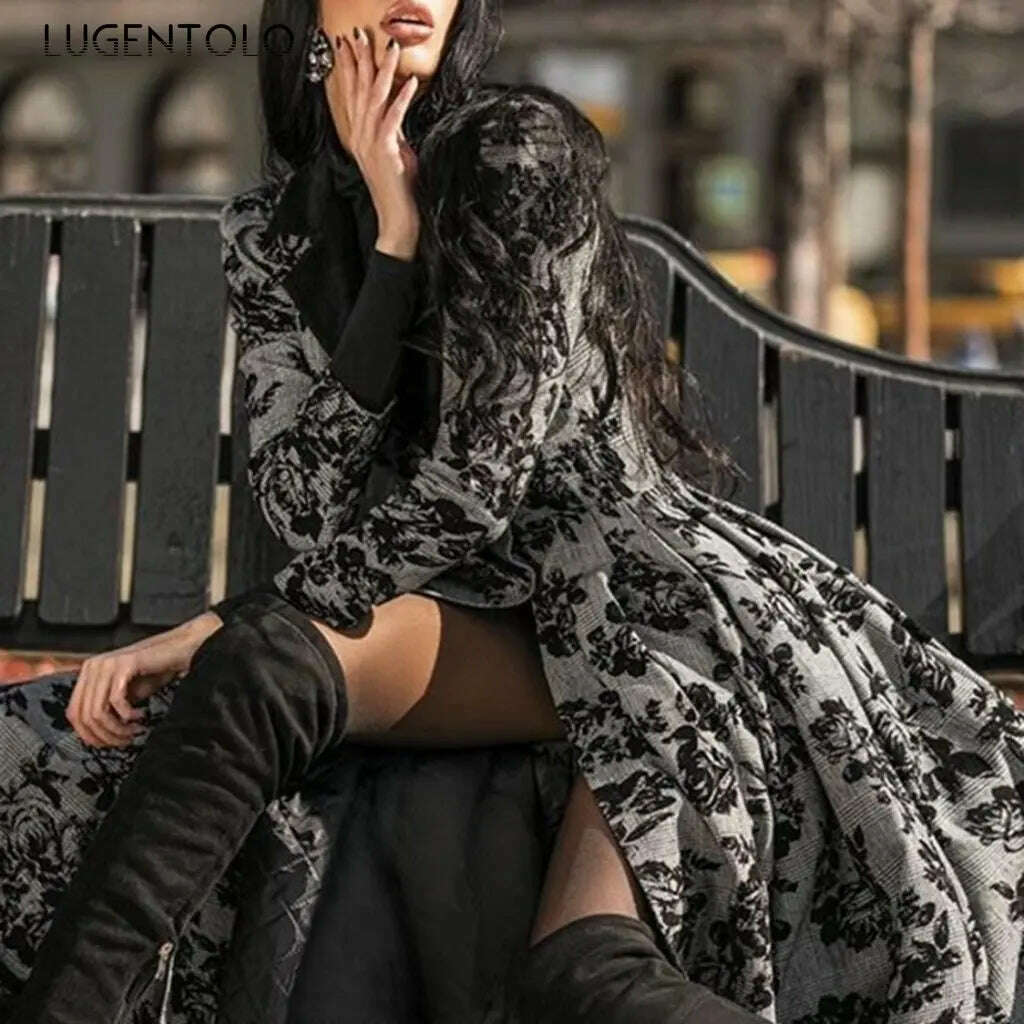 Women Vintage Party Trench Long Sleeve Autumn Splicing Lace Button Coat Female Casual Big Swing Fashion Long Jackets - KIMLUD