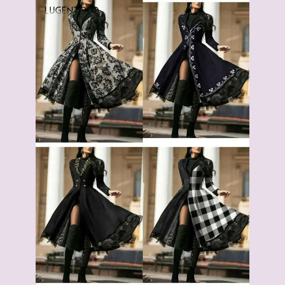 Women Vintage Party Trench Long Sleeve Autumn Splicing Lace Button Coat Female Casual Big Swing Fashion Long Jackets - KIMLUD