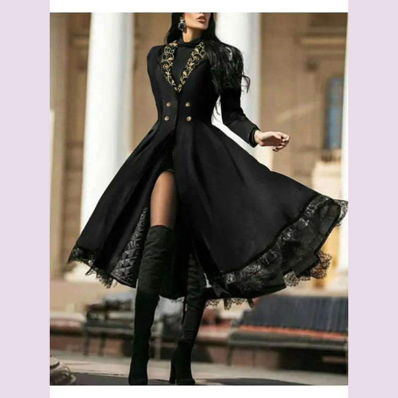 Women Vintage Party Trench Long Sleeve Autumn Splicing Lace Button Coat Female Casual Big Swing Fashion Long Jackets - KIMLUD