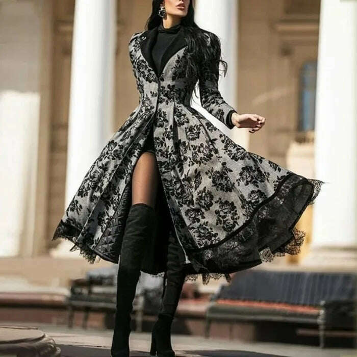 Women Vintage Party Trench Long Sleeve Autumn Splicing Lace Button Coat Female Casual Big Swing Fashion Long Jackets - KIMLUD