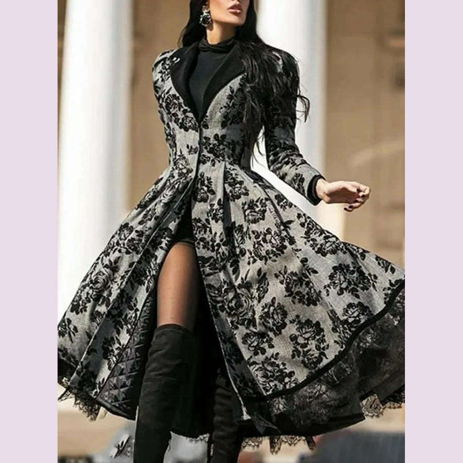 Women Vintage Party Trench Long Sleeve Autumn Splicing Lace Button Coat Female Casual Big Swing Fashion Long Jackets - KIMLUD