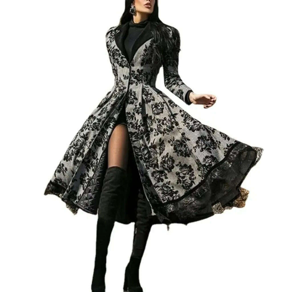 Women Vintage Party Trench Long Sleeve Autumn Splicing Lace Button Coat Female Casual Big Swing Fashion Long Jackets - KIMLUD
