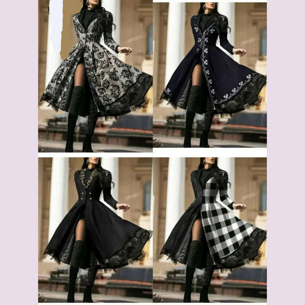 Women Vintage Party Trench Long Sleeve Autumn Splicing Lace Button Coat Female Casual Big Swing Fashion Long Jackets - KIMLUD
