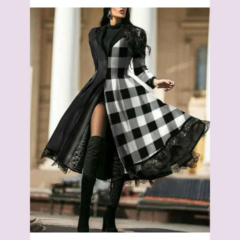 Women Vintage Party Trench Long Sleeve Autumn Splicing Lace Button Coat Female Casual Big Swing Fashion Long Jackets - KIMLUD