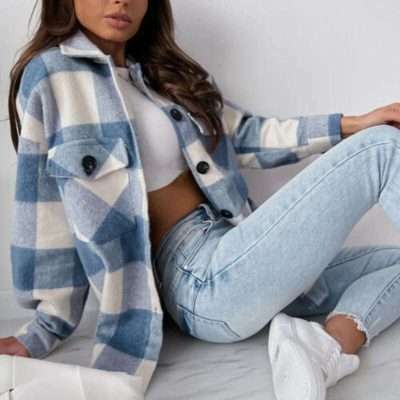 KIMLUD, Women Vintage Plaid Shirt Button UP Oversize Shirt Spring Autumn Chic Ladies Loose Shirt Elegant Female Outfits Girls, Blue / M, KIMLUD Womens Clothes