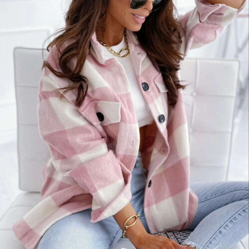 KIMLUD, Women Vintage Plaid Shirt Button UP Oversize Shirt Spring Autumn Chic Ladies Loose Shirt Elegant Female Outfits Girls, Pink / S, KIMLUD Womens Clothes