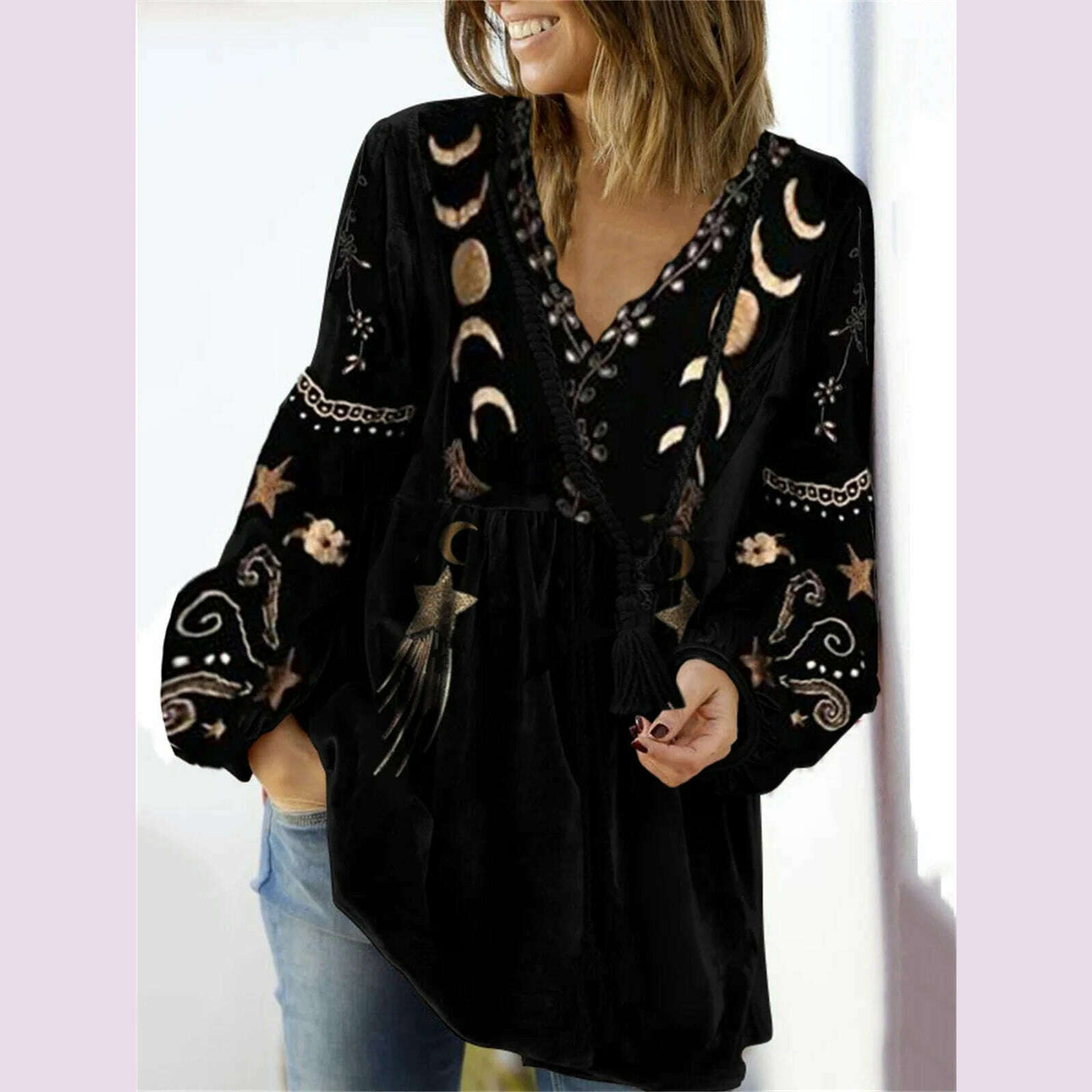 KIMLUD, Women Vintage Velvet Shirt Star Moon Pattern V Neck Long Sleeve Streetwear Spring Autumn Loose T-shirt Pullover 2024, black / M, KIMLUD APPAREL - Womens Clothes