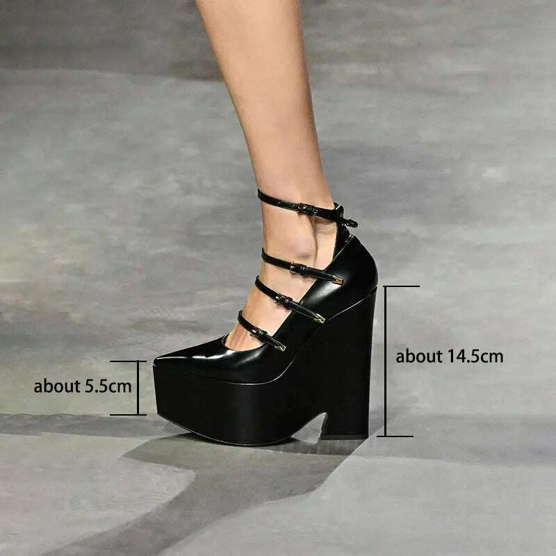 KIMLUD, Women Wedge High Heels Platform Black Leather Shoes Designer Sandals Buckle Ankle Strap Decor Luxury Ladies New Fashion, KIMLUD Womens Clothes