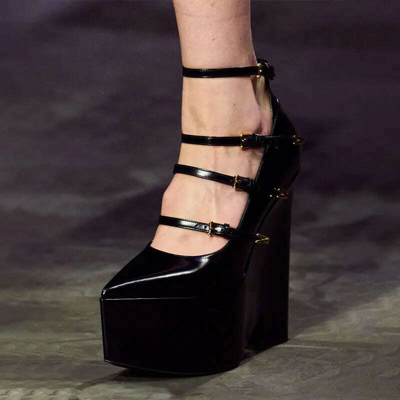 KIMLUD, Women Wedge High Heels Platform Black Leather Shoes Designer Sandals Buckle Ankle Strap Decor Luxury Ladies New Fashion, black / 34, KIMLUD APPAREL - Womens Clothes