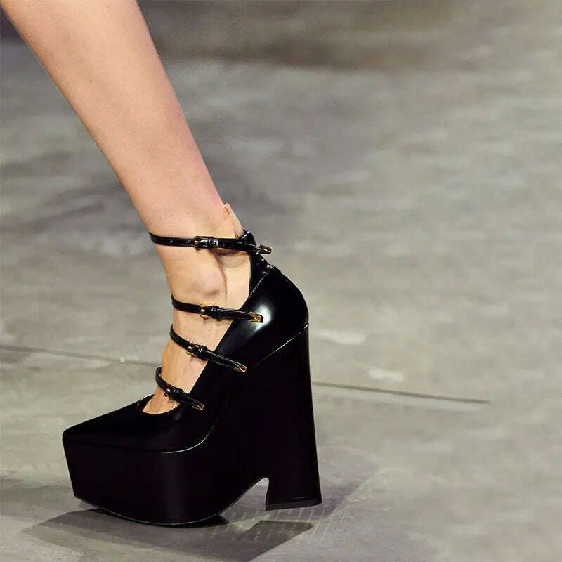 KIMLUD, Women Wedge High Heels Platform Black Leather Shoes Designer Sandals Buckle Ankle Strap Decor Luxury Ladies New Fashion, black / 34, KIMLUD Womens Clothes