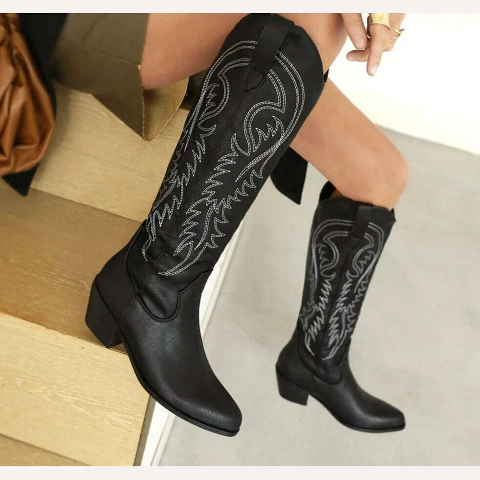 KIMLUD, Women Western Cowboy Boots Pointed Women's Shoes Embroidered Knee High Boots Winter Chunky Heel Wedges Knight Botas Feminina, black / 34, KIMLUD Women's Clothes