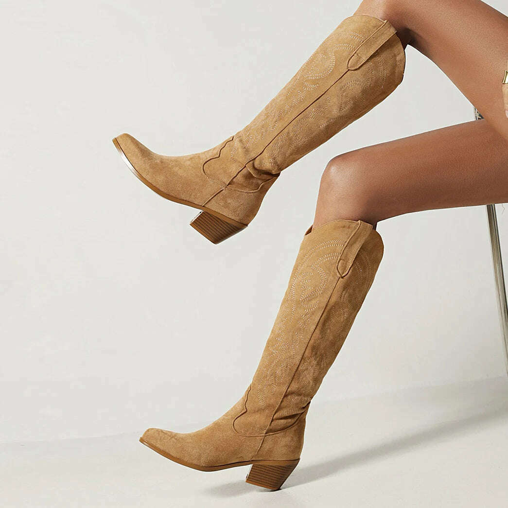 Women Western Cowboy Boots Pointed Women's Shoes Embroidered Knee High Boots Winter Chunky Heel Wedges Knight Botas Feminina - KIMLUD
