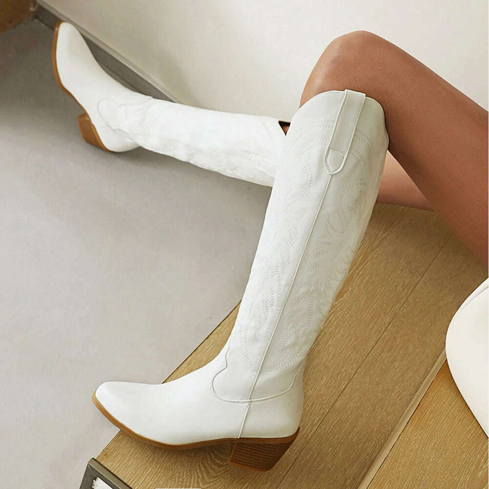 Women Western Cowboy Boots Pointed Women's Shoes Embroidered Knee High Boots Winter Chunky Heel Wedges Knight Botas Feminina - KIMLUD