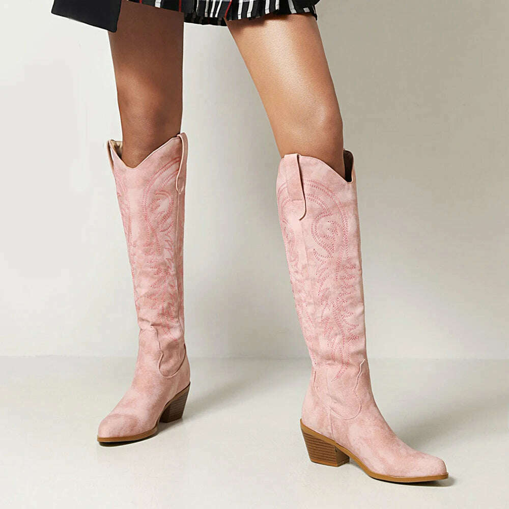 Women Western Cowboy Boots Pointed Women's Shoes Embroidered Knee High Boots Winter Chunky Heel Wedges Knight Botas Feminina - KIMLUD