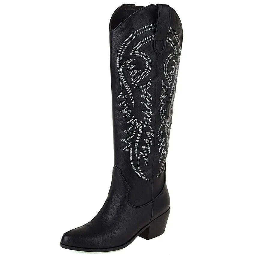 Women Western Cowboy Boots Pointed Women's Shoes Embroidered Knee High Boots Winter Chunky Heel Wedges Knight Botas Feminina - KIMLUD