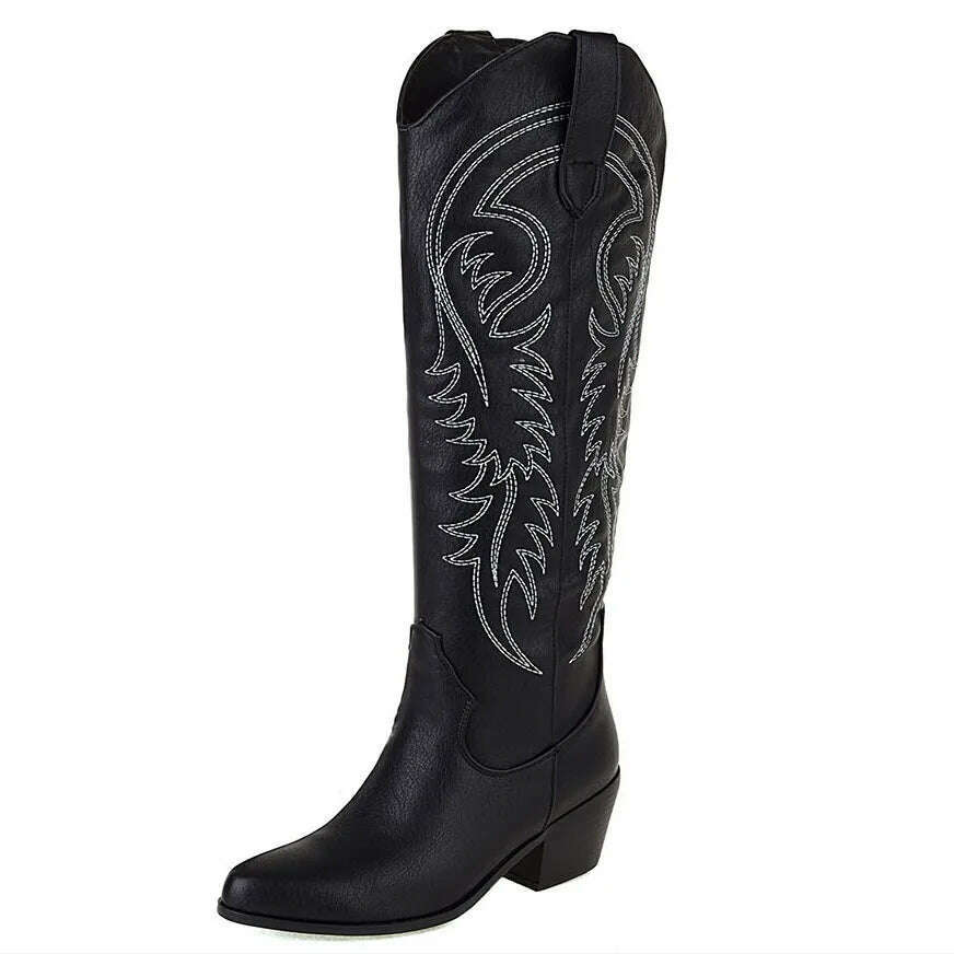 Women Western Cowboy Boots Pointed Women's Shoes Embroidered Knee High Boots Winter Chunky Heel Wedges Knight Botas Feminina - KIMLUD