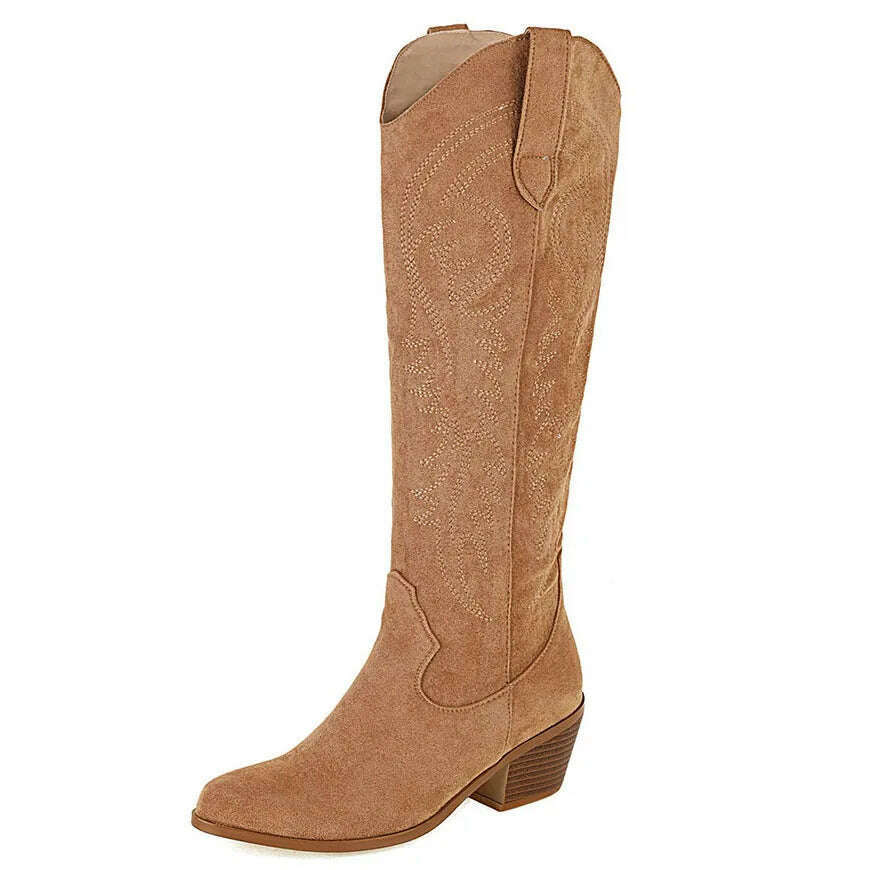 Women Western Cowboy Boots Pointed Women's Shoes Embroidered Knee High Boots Winter Chunky Heel Wedges Knight Botas Feminina - KIMLUD
