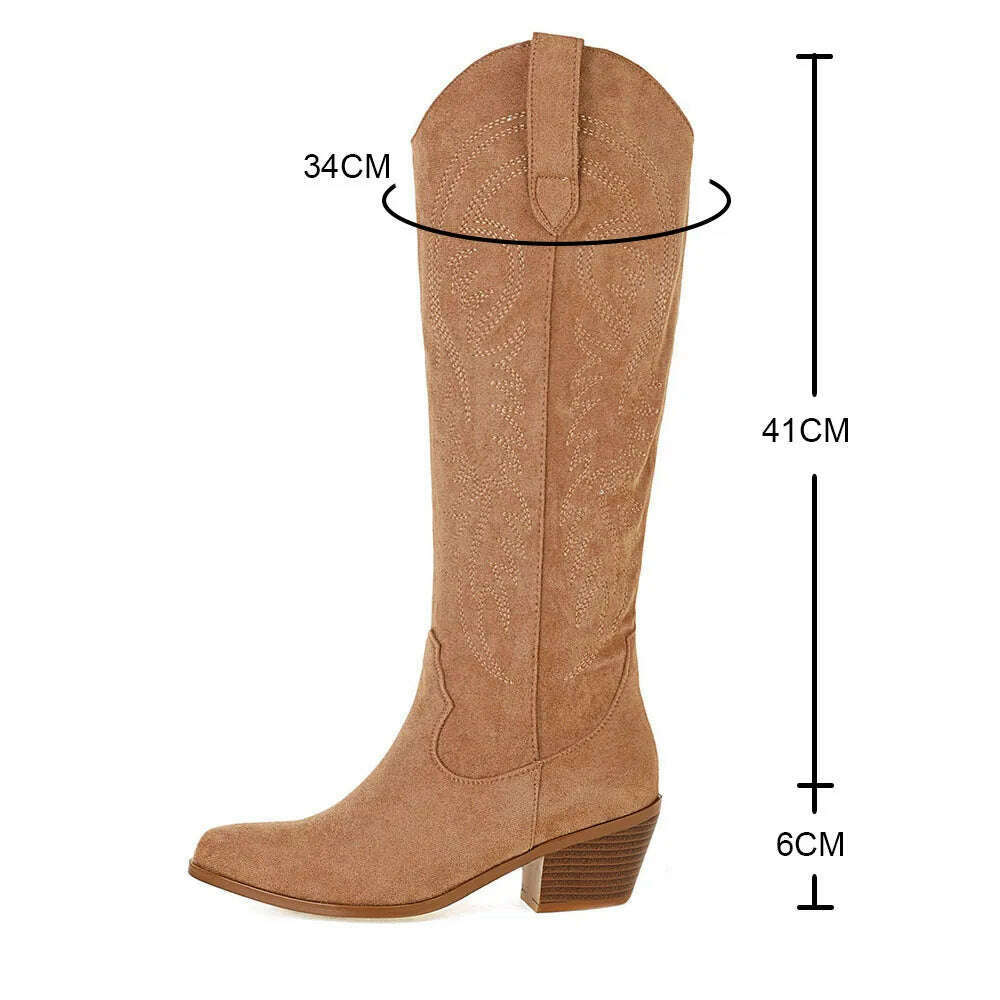 Women Western Cowboy Boots Pointed Women's Shoes Embroidered Knee High Boots Winter Chunky Heel Wedges Knight Botas Feminina - KIMLUD