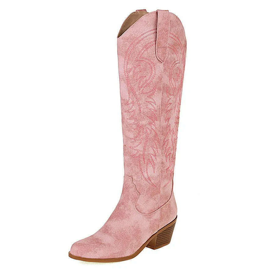 Women Western Cowboy Boots Pointed Women's Shoes Embroidered Knee High Boots Winter Chunky Heel Wedges Knight Botas Feminina - KIMLUD