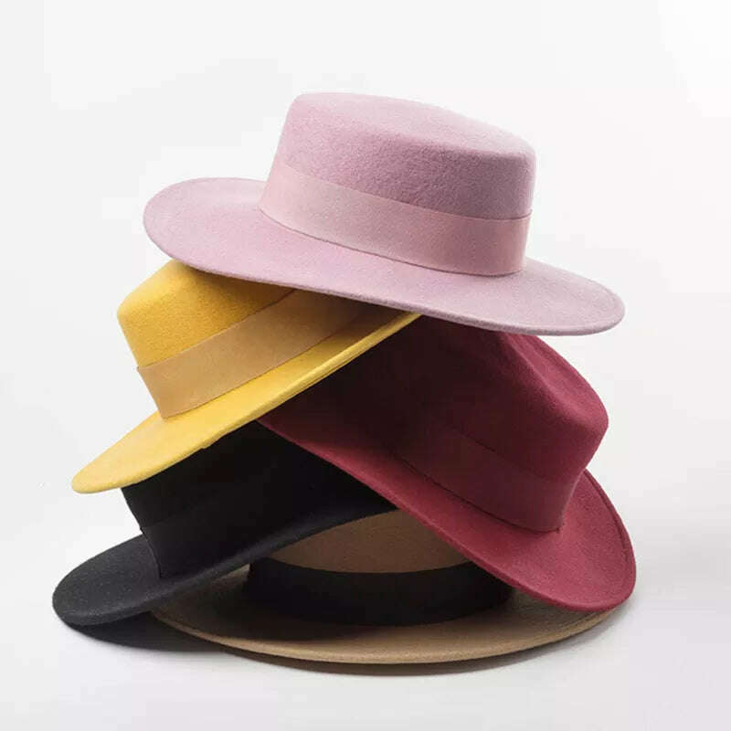 KIMLUD, Women Wide Brim Fedora 100% Wool Flat Top Hat Ribbon Bowknot Accent Church Dress Derby Ladies Hat Warm Winter Hats Cap, as your need, KIMLUD Womens Clothes