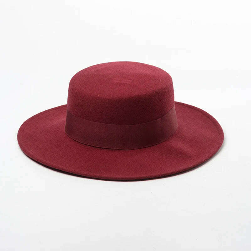 KIMLUD, Women Wide Brim Fedora 100% Wool Flat Top Hat Ribbon Bowknot Accent Church Dress Derby Ladies Hat Warm Winter Hats Cap, bungundy, KIMLUD Womens Clothes