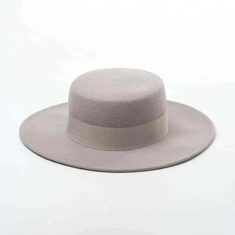 KIMLUD, Women Wide Brim Fedora 100% Wool Flat Top Hat Ribbon Bowknot Accent Church Dress Derby Ladies Hat Warm Winter Hats Cap, Gray, KIMLUD Women's Clothes
