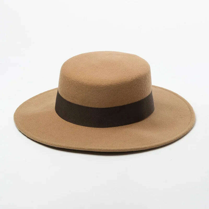 KIMLUD, Women Wide Brim Fedora 100% Wool Flat Top Hat Ribbon Bowknot Accent Church Dress Derby Ladies Hat Warm Winter Hats Cap, camel, KIMLUD Womens Clothes