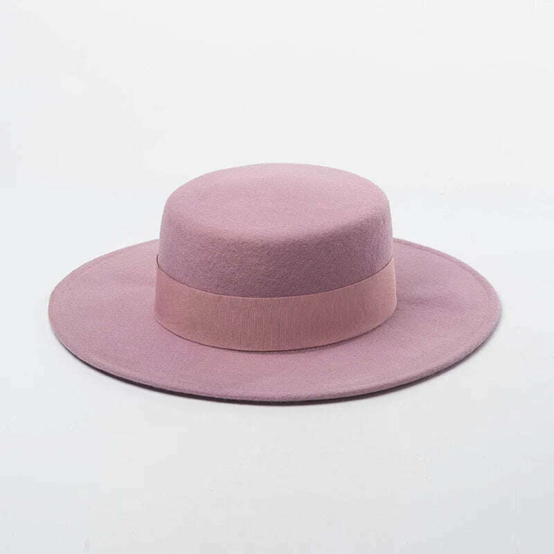 KIMLUD, Women Wide Brim Fedora 100% Wool Flat Top Hat Ribbon Bowknot Accent Church Dress Derby Ladies Hat Warm Winter Hats Cap, pink, KIMLUD Womens Clothes