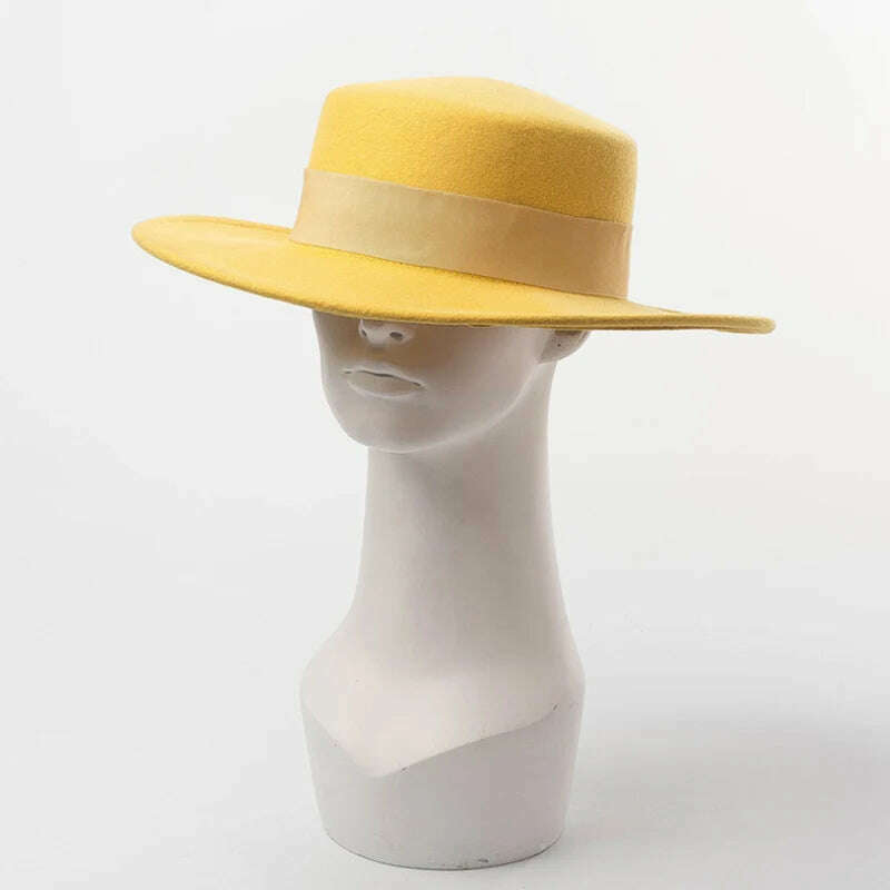 KIMLUD, Women Wide Brim Fedora 100% Wool Flat Top Hat Ribbon Bowknot Accent Church Dress Derby Ladies Hat Warm Winter Hats Cap, KIMLUD Women's Clothes