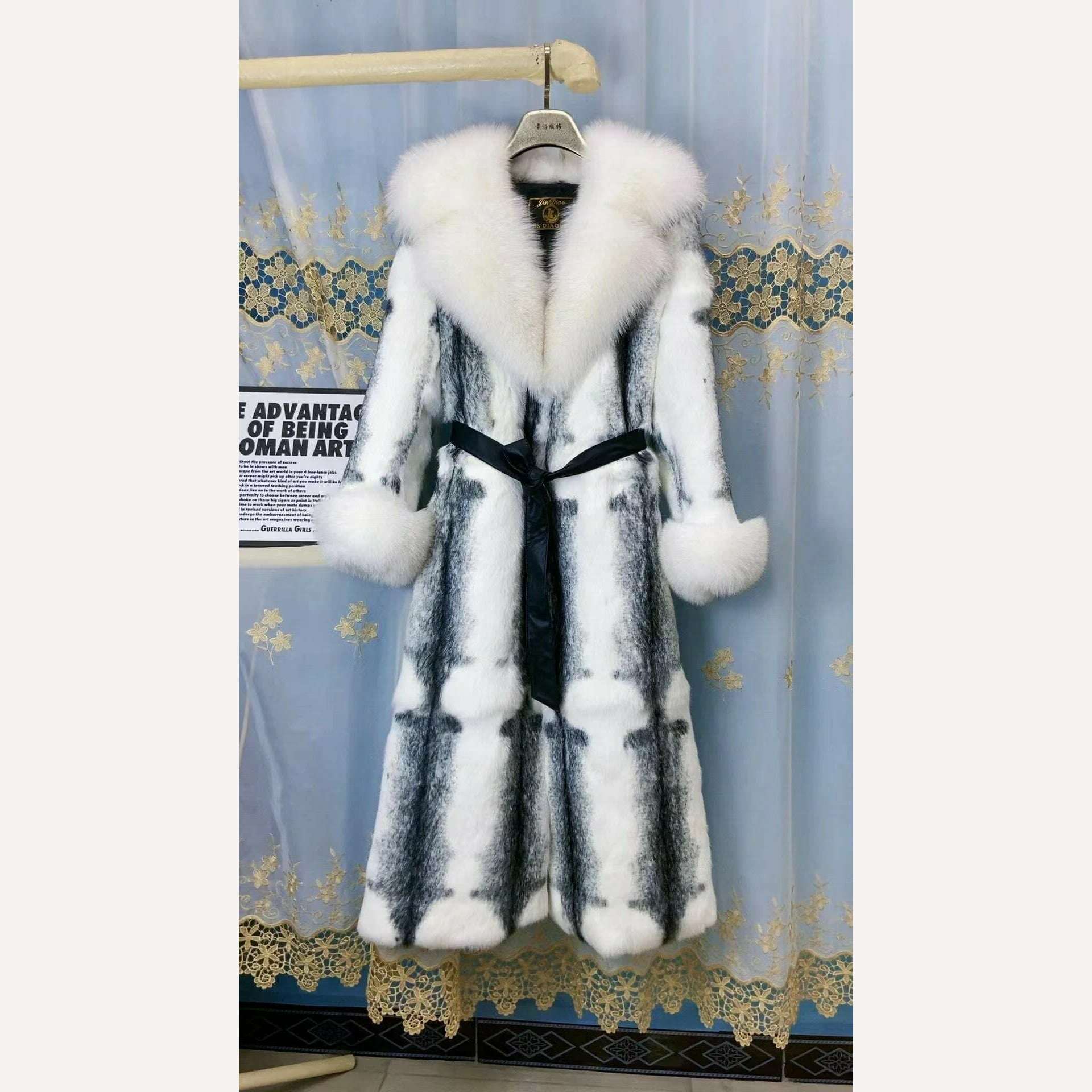KIMLUD, Women Winter Fashion Real Fur Coat X-long Natural Rabbit Fur Jacket With Real Fox Fur Collar Cuffs Winter Jacket Ladies Fur Coat, 4 / S bust 90cm, KIMLUD Women's Clothes