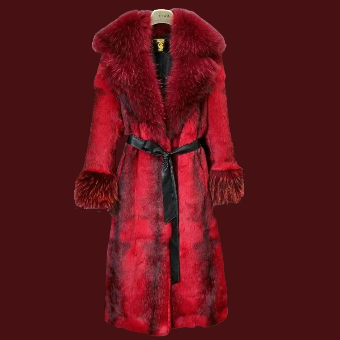 KIMLUD, Women Winter Fashion Real Fur Coat X-long Natural Rabbit Fur Jacket With Real Fox Fur Collar Cuffs Winter Jacket Ladies Fur Coat, KIMLUD Womens Clothes