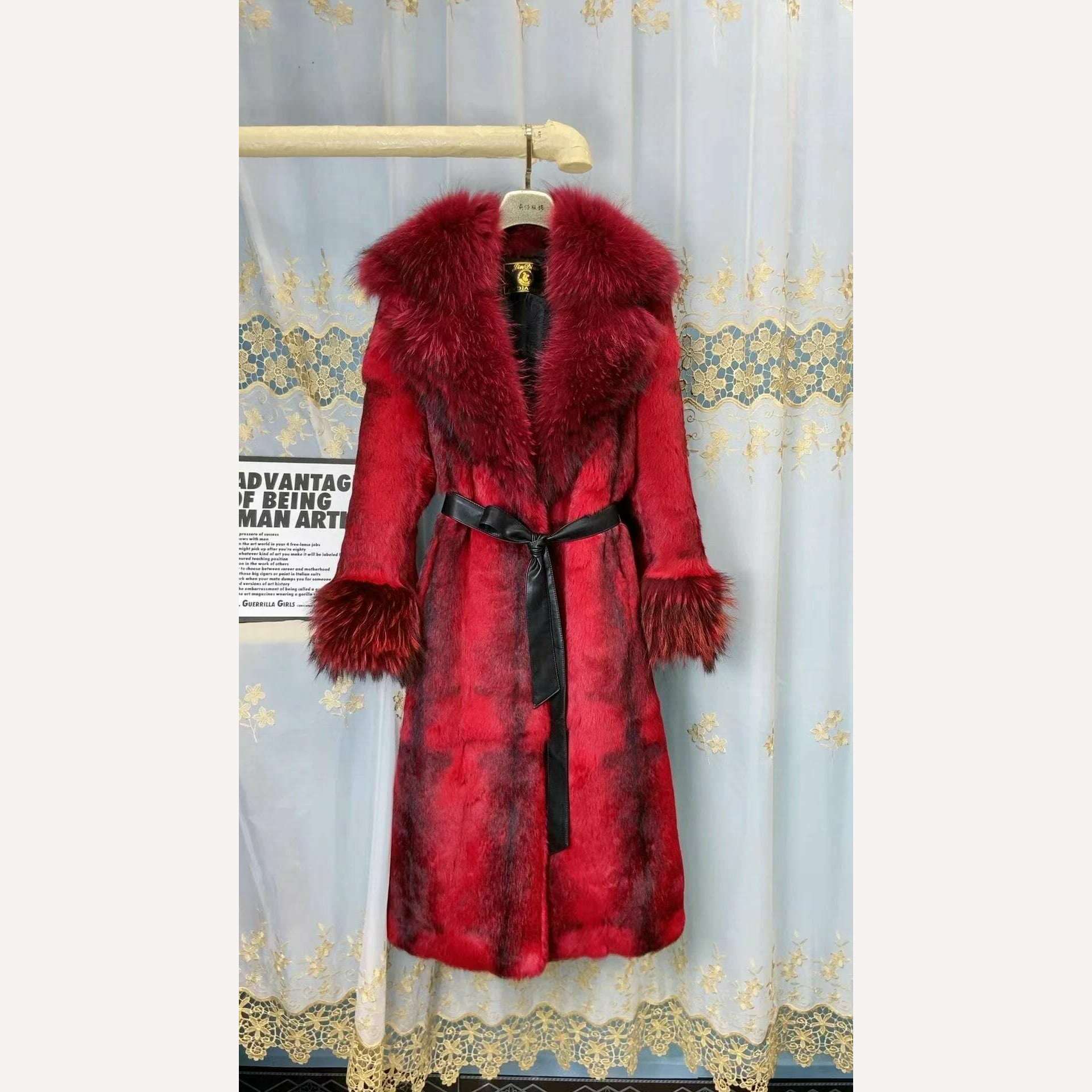 KIMLUD, Women Winter Fashion Real Fur Coat X-long Natural Rabbit Fur Jacket With Real Fox Fur Collar Cuffs Winter Jacket Ladies Fur Coat, 2 / S bust 90cm, KIMLUD Women's Clothes