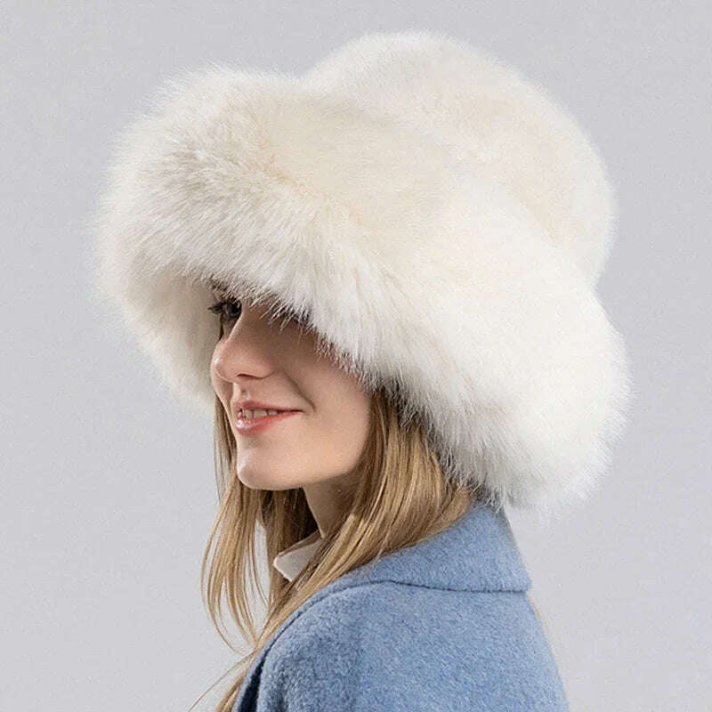 KIMLUD, Women Winter Hat Thickened Artificial Rabbit Hair Bucket Hat Warm Earwarmer Earmuff Russia Cossack Hat Fur Outdoor Ski Cap, KIMLUD Women's Clothes