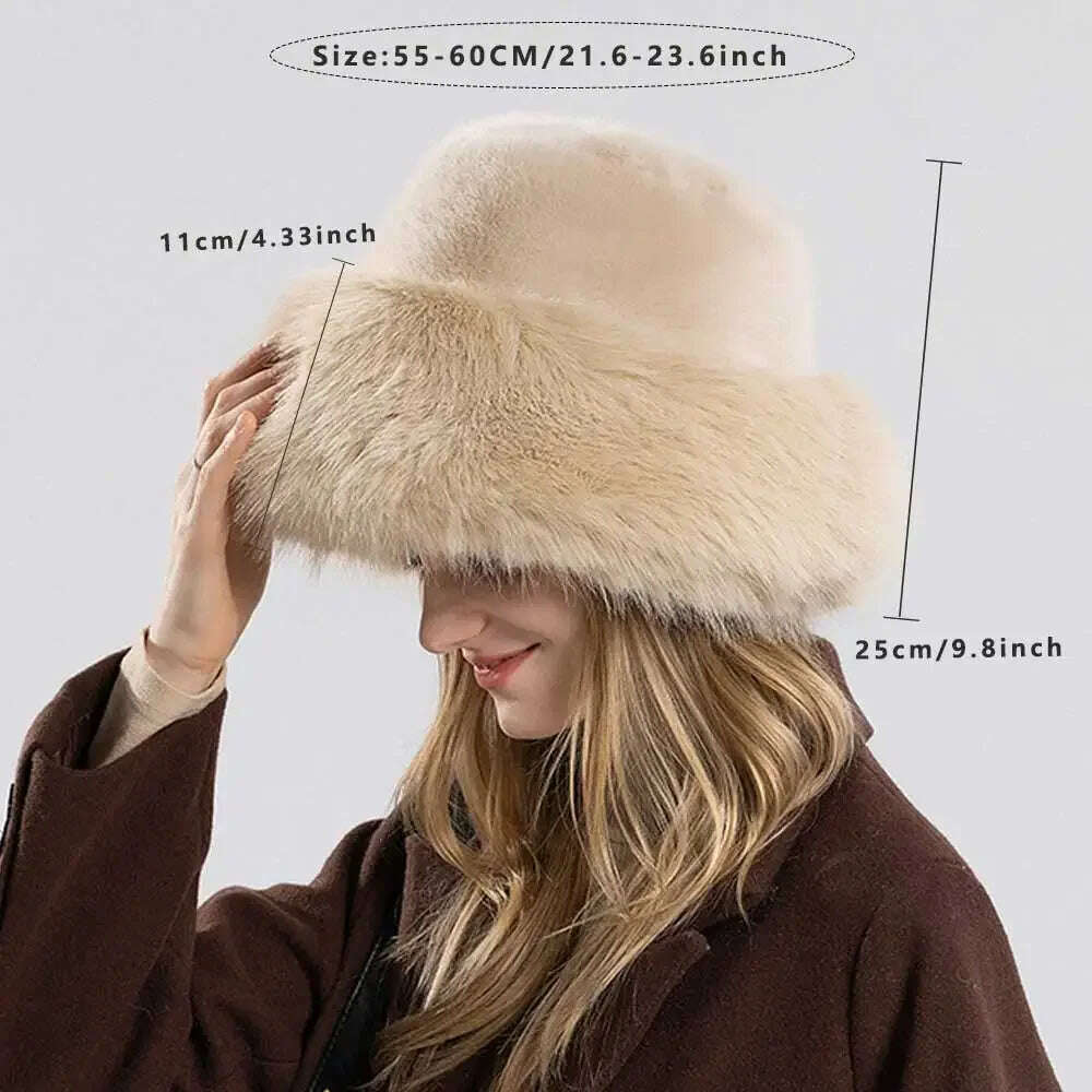 KIMLUD, Women Winter Hat Thickened Artificial Rabbit Hair Bucket Hat Warm Earwarmer Earmuff Russia Cossack Hat Fur Outdoor Ski Cap, KIMLUD Women's Clothes