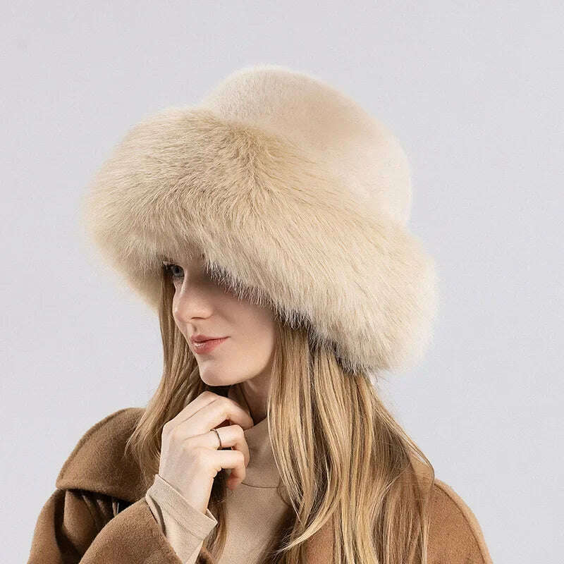 KIMLUD, Women Winter Hat Thickened Artificial Rabbit Hair Bucket Hat Warm Earwarmer Earmuff Russia Cossack Hat Fur Outdoor Ski Cap, Khaki / 55-60cm, KIMLUD Women's Clothes