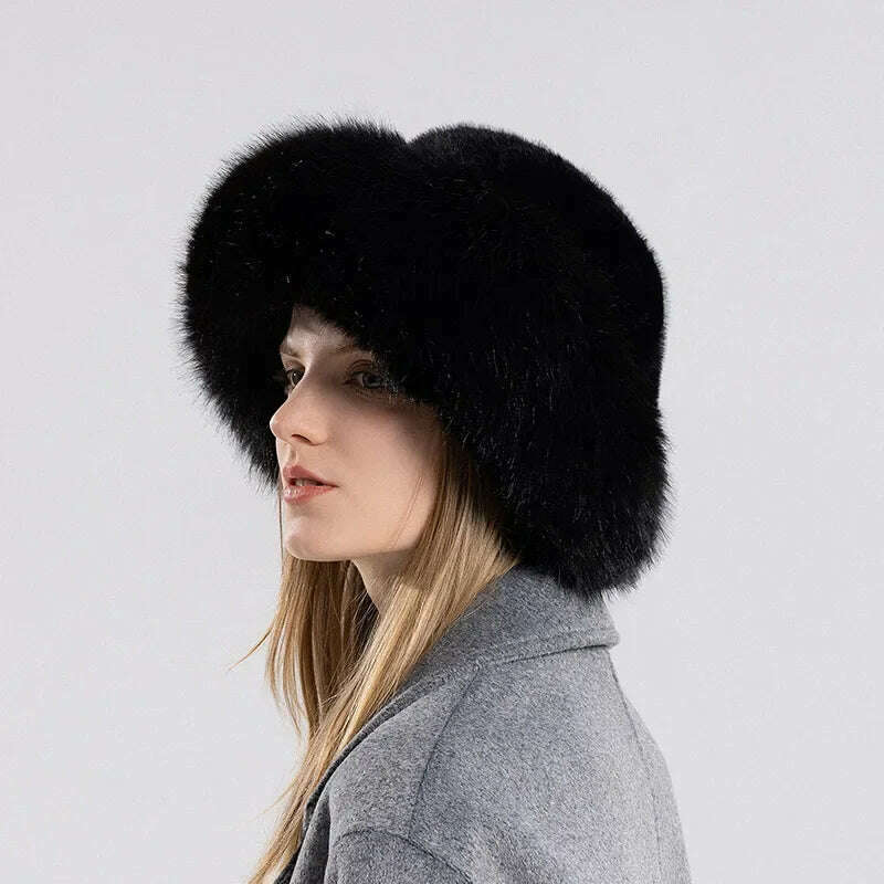 KIMLUD, Women Winter Hat Thickened Artificial Rabbit Hair Bucket Hat Warm Earwarmer Earmuff Russia Cossack Hat Fur Outdoor Ski Cap, Black / 55-60cm, KIMLUD Womens Clothes