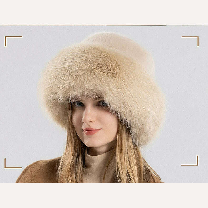 KIMLUD, Women Winter Hat Thickened Artificial Rabbit Hair Bucket Hat Warm Earwarmer Earmuff Russia Cossack Hat Fur Outdoor Ski Cap, KIMLUD Womens Clothes