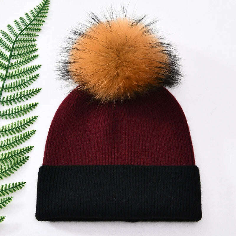 KIMLUD, Women Winter Hats Cashmere Knitted Wool Cap Real Fur Ball Top Striped Knitted Hat Female Fashion Cap Ladies Hedging Wool Beanie, Burgundy and black N, KIMLUD Womens Clothes
