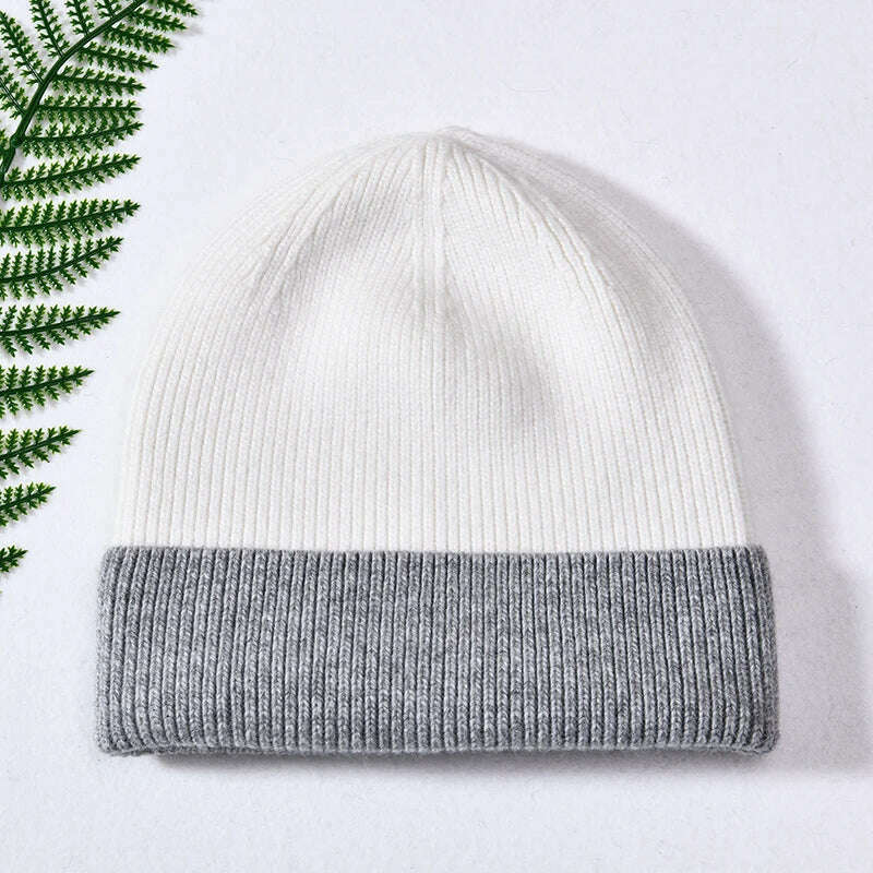 KIMLUD, Women Winter Hats Cashmere Knitted Wool Cap Real Fur Ball Top Striped Knitted Hat Female Fashion Cap Ladies Hedging Wool Beanie, White and grey, KIMLUD Womens Clothes