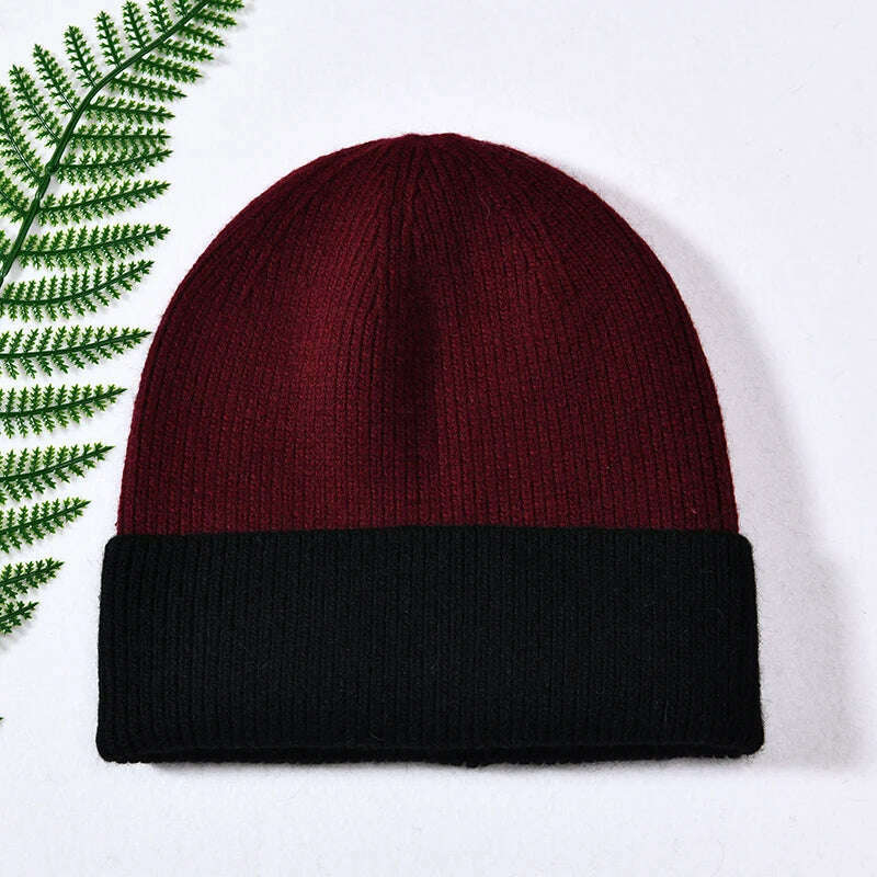 KIMLUD, Women Winter Hats Cashmere Knitted Wool Cap Real Fur Ball Top Striped Knitted Hat Female Fashion Cap Ladies Hedging Wool Beanie, Burgundy and black, KIMLUD Womens Clothes
