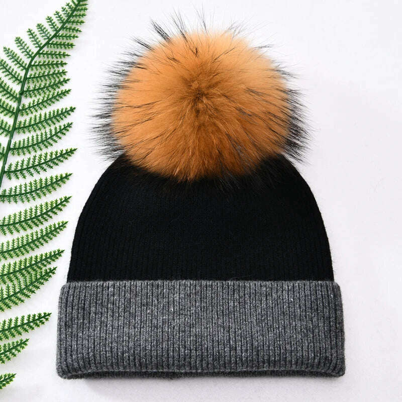 KIMLUD, Women Winter Hats Cashmere Knitted Wool Cap Real Fur Ball Top Striped Knitted Hat Female Fashion Cap Ladies Hedging Wool Beanie, Black and grey N, KIMLUD Womens Clothes