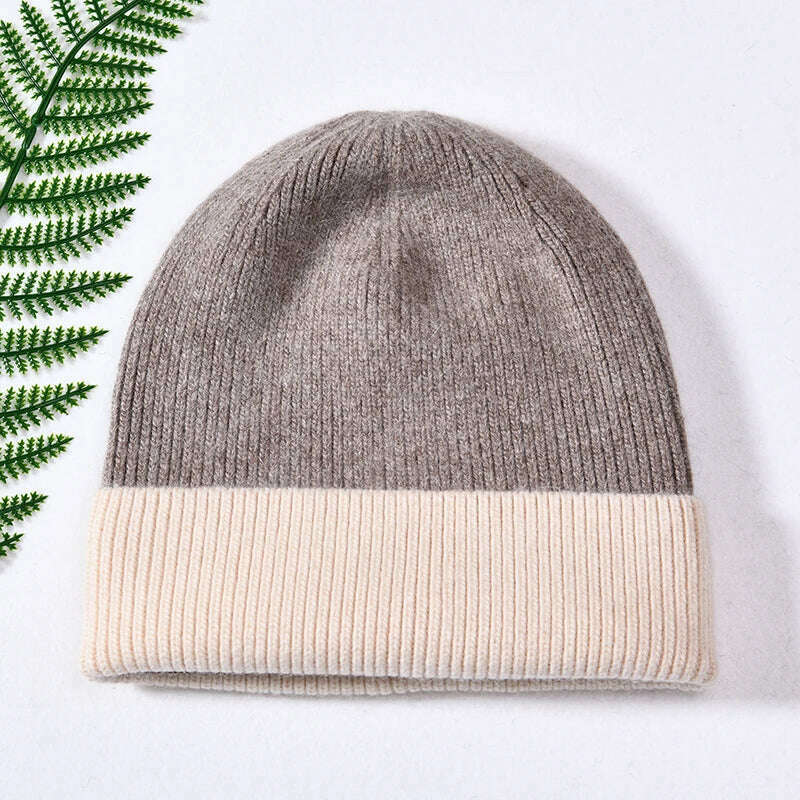 KIMLUD, Women Winter Hats Cashmere Knitted Wool Cap Real Fur Ball Top Striped Knitted Hat Female Fashion Cap Ladies Hedging Wool Beanie, Beige and khaki, KIMLUD Womens Clothes