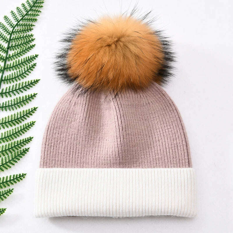 KIMLUD, Women Winter Hats Cashmere Knitted Wool Cap Real Fur Ball Top Striped Knitted Hat Female Fashion Cap Ladies Hedging Wool Beanie, Pink and white  N, KIMLUD Womens Clothes