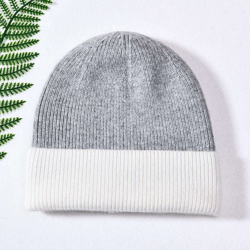 KIMLUD, Women Winter Hats Cashmere Knitted Wool Cap Real Fur Ball Top Striped Knitted Hat Female Fashion Cap Ladies Hedging Wool Beanie, Grey and white, KIMLUD APPAREL - Womens Clothes