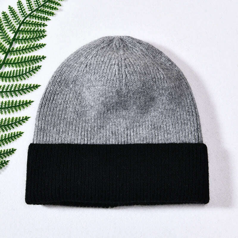 KIMLUD, Women Winter Hats Cashmere Knitted Wool Cap Real Fur Ball Top Striped Knitted Hat Female Fashion Cap Ladies Hedging Wool Beanie, Grey and black, KIMLUD Womens Clothes